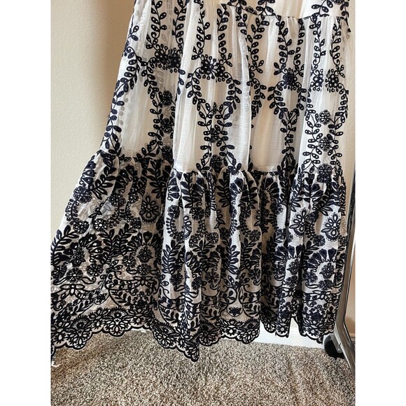 NEW ONE OF A KIND SAMPLE DESIGNER Embroidered Chiffon Navy/White Midi Dress - Picture 4 of 7